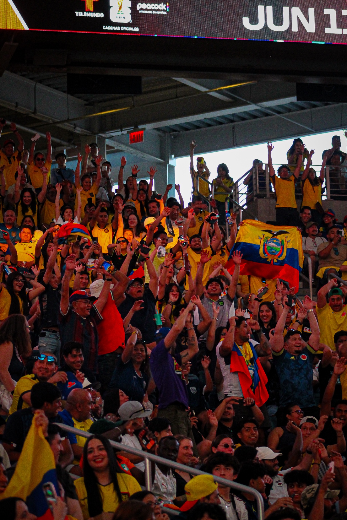 Crowd with hands raised celebrating